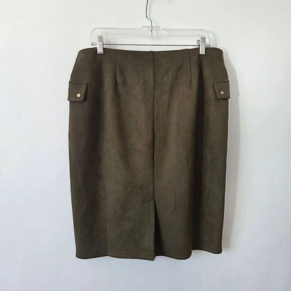 NYCC Olive Green Faux Suede Midi Skirt Waist Tie Preppy Professional Modest L